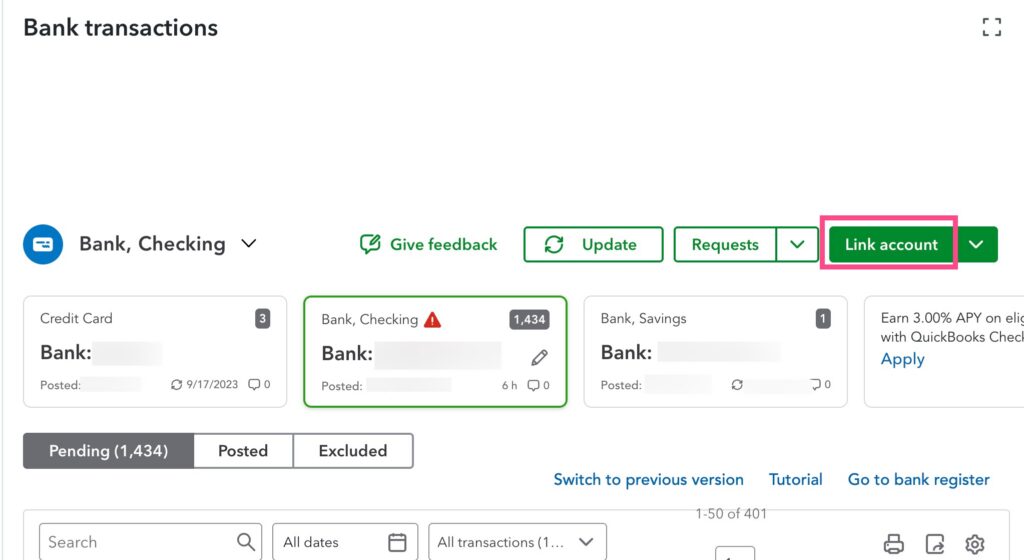 Screen shot of QBO Banking screen with the Link Account button highlighted