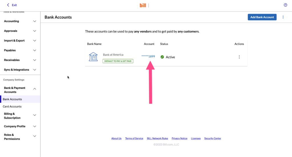 Screenshot of the BILL Bank Accounts screen