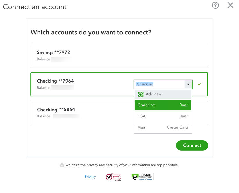 Screenshot of mapping bank account to Chart of Accounts in QuickBooks