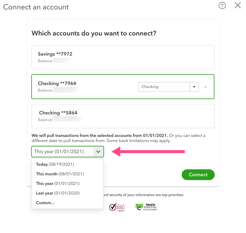 Screenshot of the connect bank accounts screen in QuickBooks