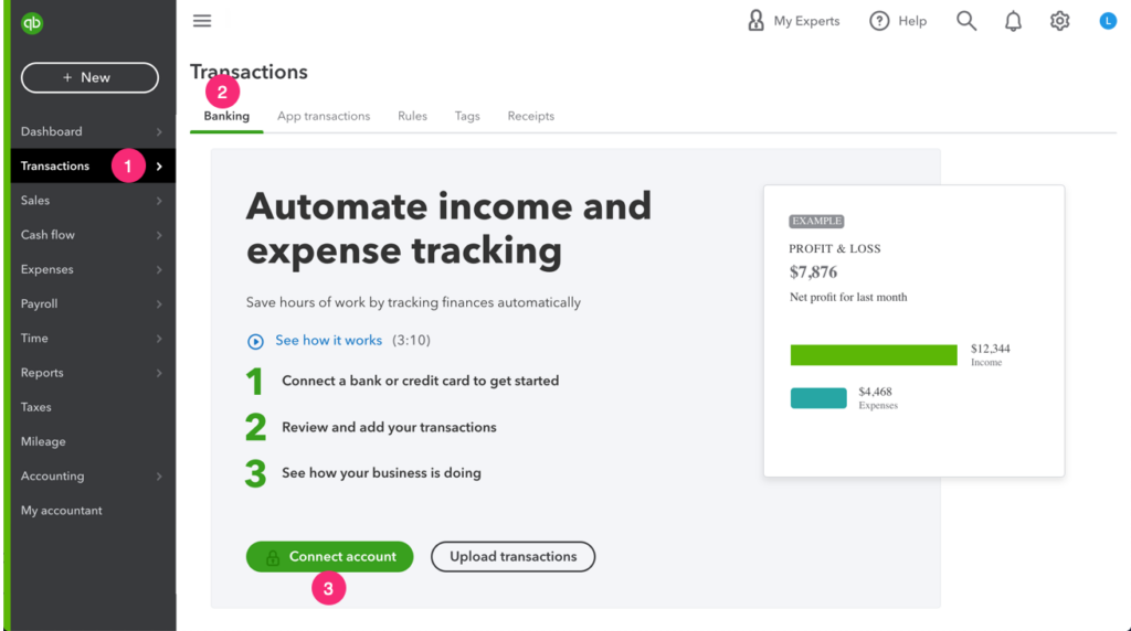 Screenshot of QBO Banking screen