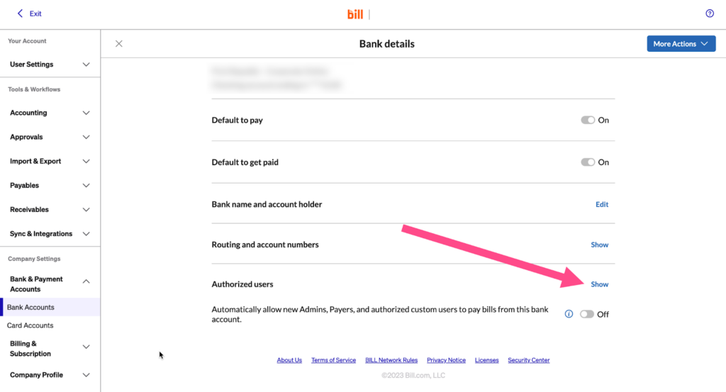 Screenshot of the Bank details screen in BILL