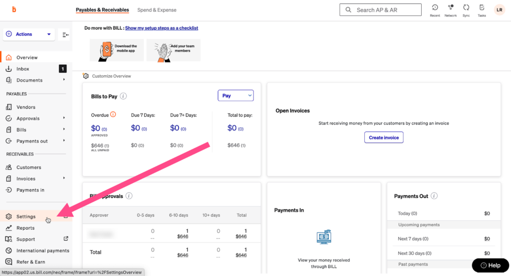 Screenshot of the BILL dashbaord