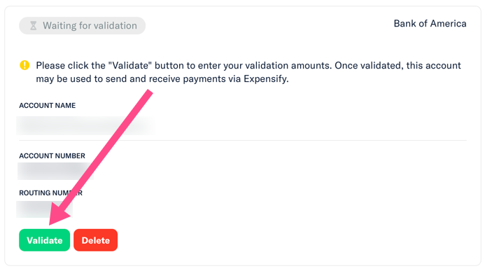 Validate Account screen in Expensify