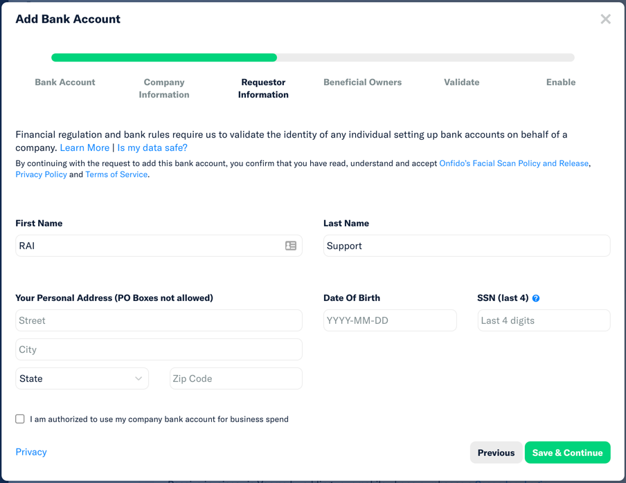 Requestor information screen in Expensify