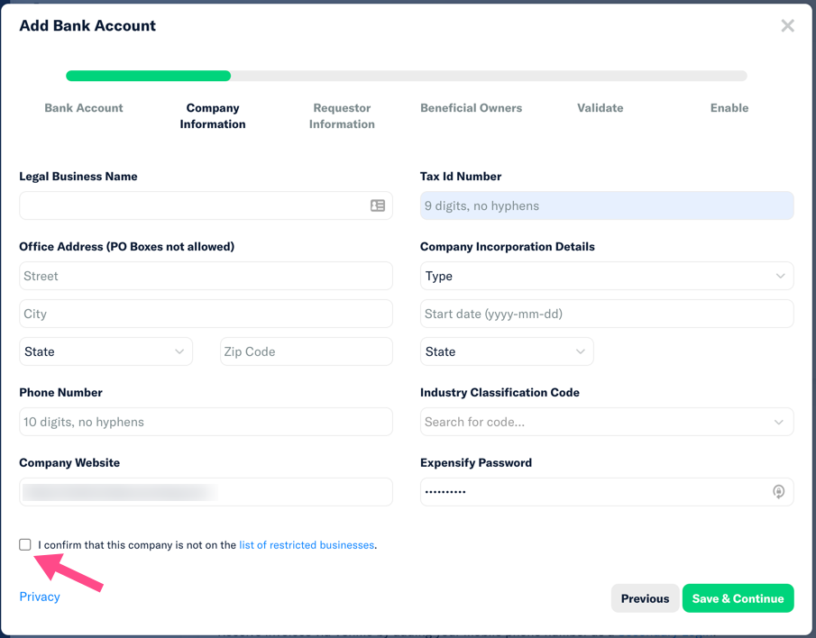 Add bank account > Enter company Info screen in Expensify