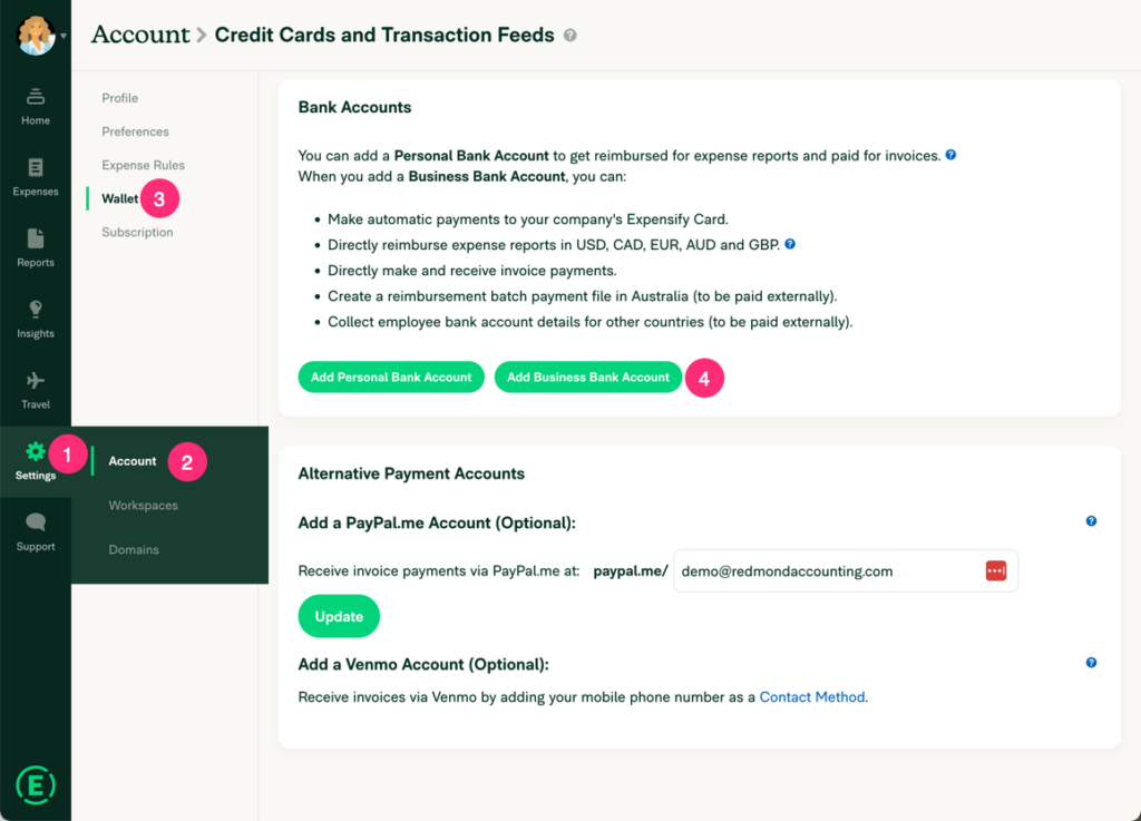 Screenshot of the "Wallet" screen in Expensify