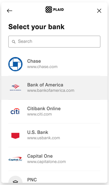 Select Bank screen in Expensify