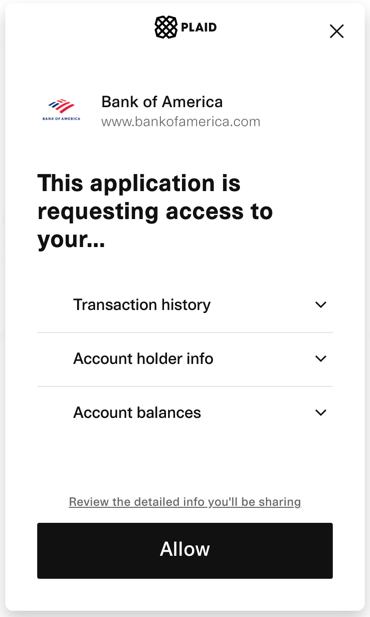 Screenshot of allowing banking access in Expensify