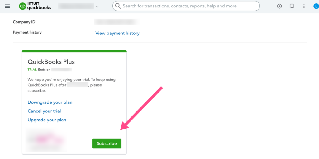 screenshot of QBO subscription screen.