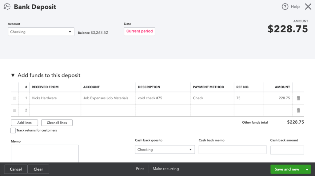 Screenshot of the Bank Deposit Screen in QBO