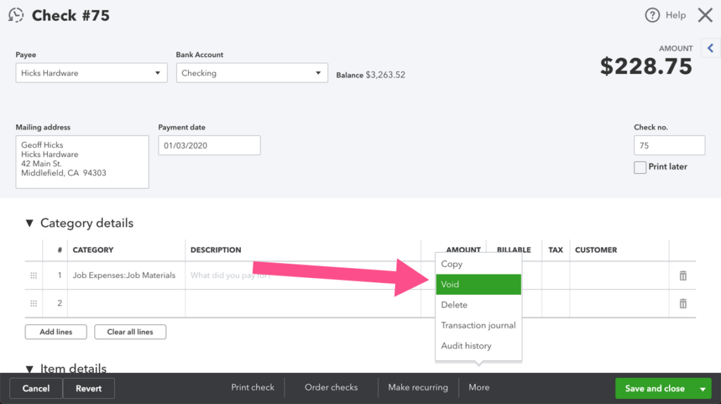 Screenshot of voiding a check in QBO