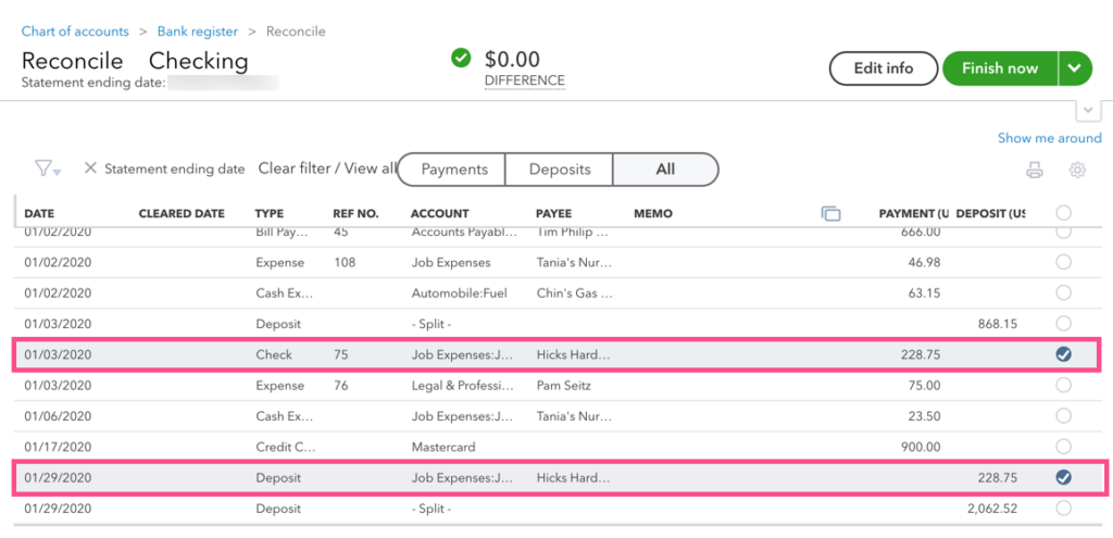 Screenshot of the reconsiliation screen in QBO