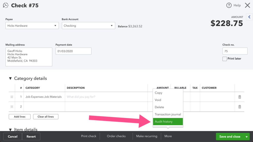 screenshot of choosing the Audit History in QBO