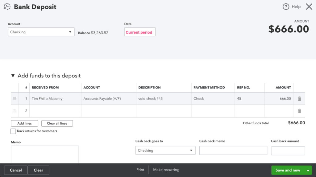 screenshot of bank deposit screen in QBO