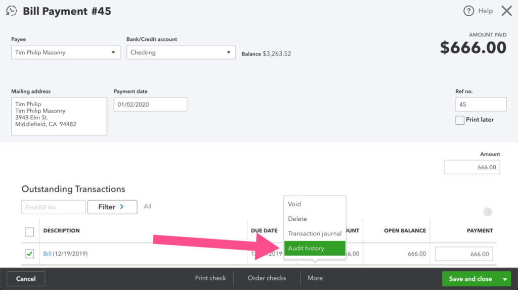 screenshot of choosing the Audit history in a QBO payment screen