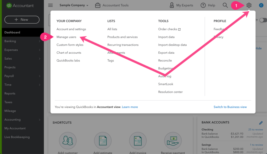Screenshot of Settings screen in QBO