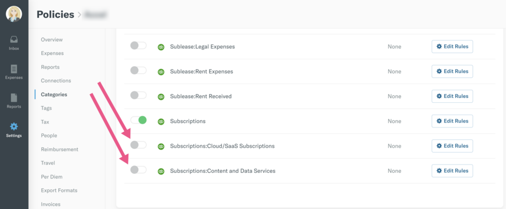 Screenshot of the Policies Categories screen in QBO.