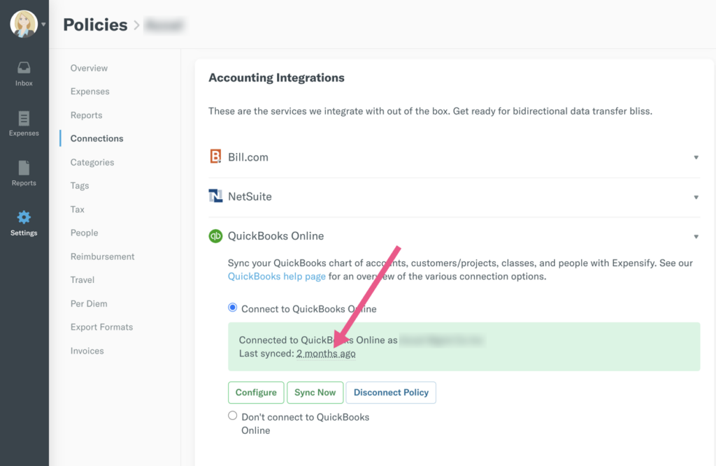 Screenshot of the QBO Sync screen in Expensify