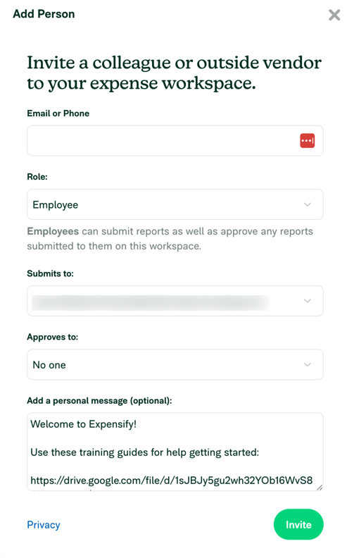 Screenshot of the user Invite popup in Expensify