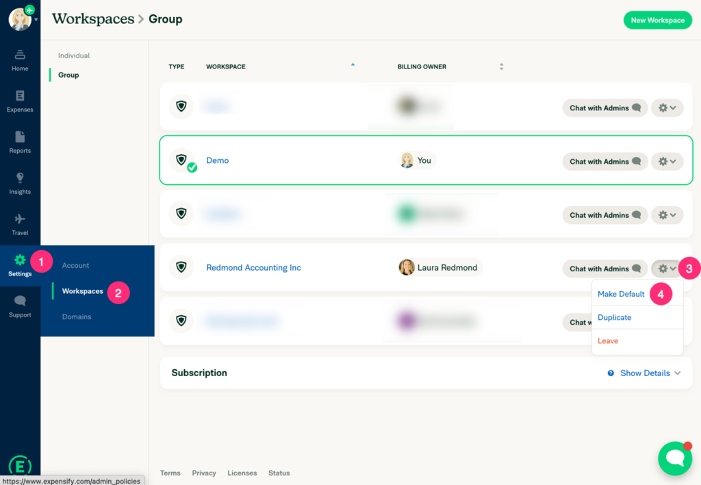 screenshot of workspace setting screen in Expensify
