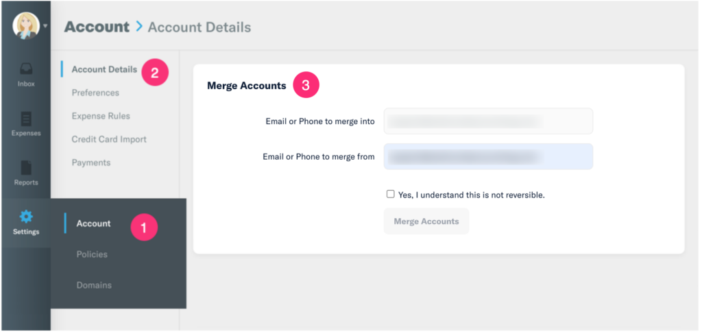 Screenshot of merge accounts screen in Expensify