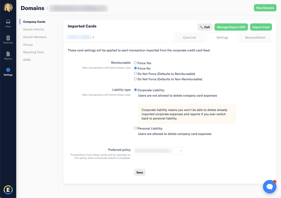 Screenshot of the Card Settings screen in Expensify