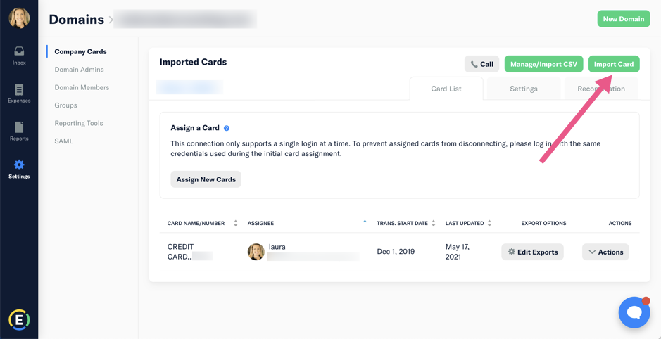 Screenshot of the Company Cards Screen in Expensify
