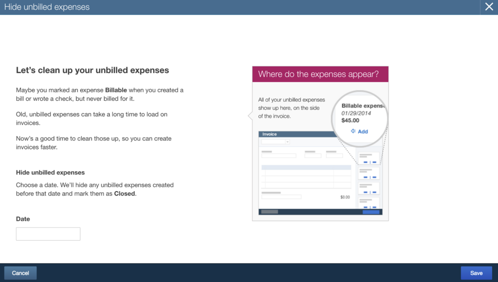 Screenshot of the Hide Unbilled Expenses tool in QBO