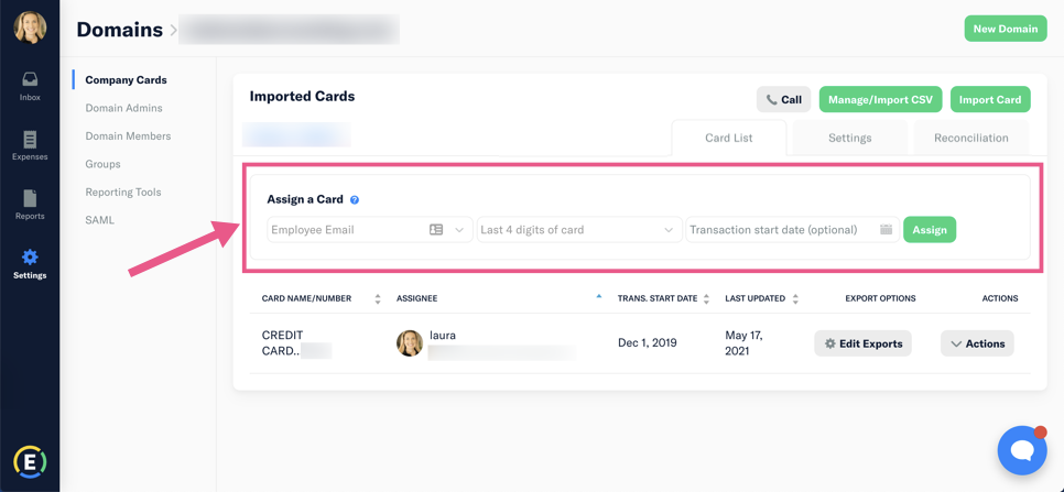 Screenshot of the assign a card screen in Expensify