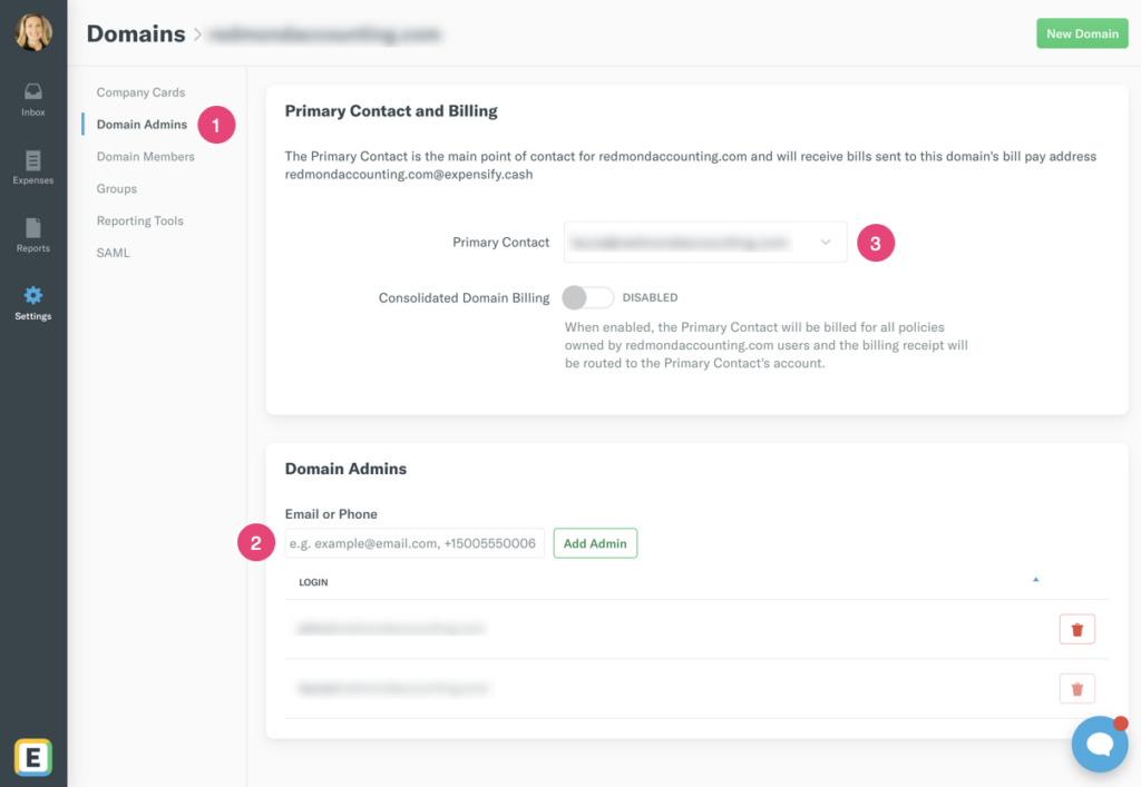 Domain Admin Screen in Expensify