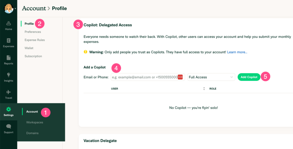 Delegate acess screen in Expensify
