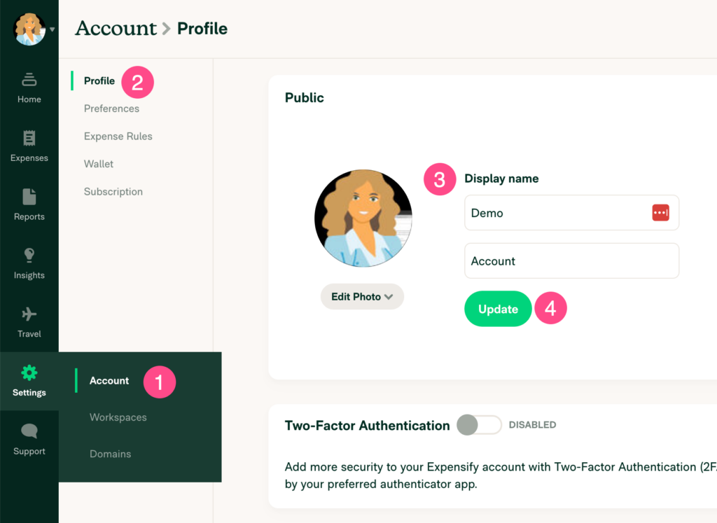 Screenshot of profile in Expensify