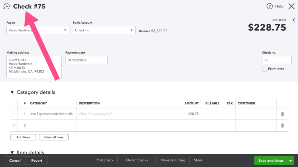 Screenshot of a Check transaction type in QBO