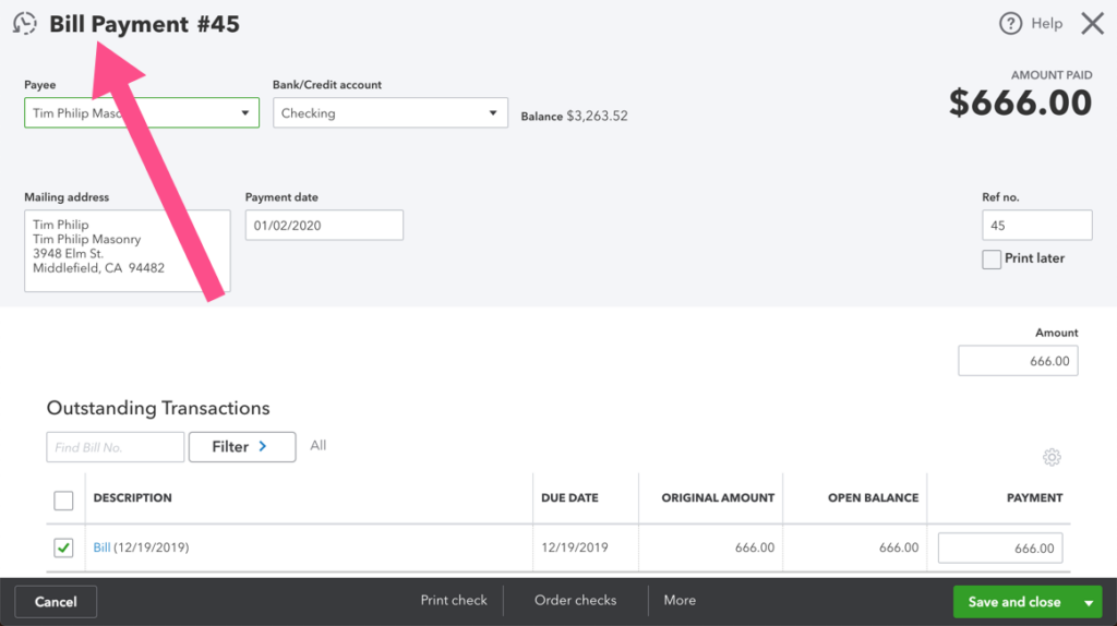 Screenshot of a Bill Payment transaction type in QBO