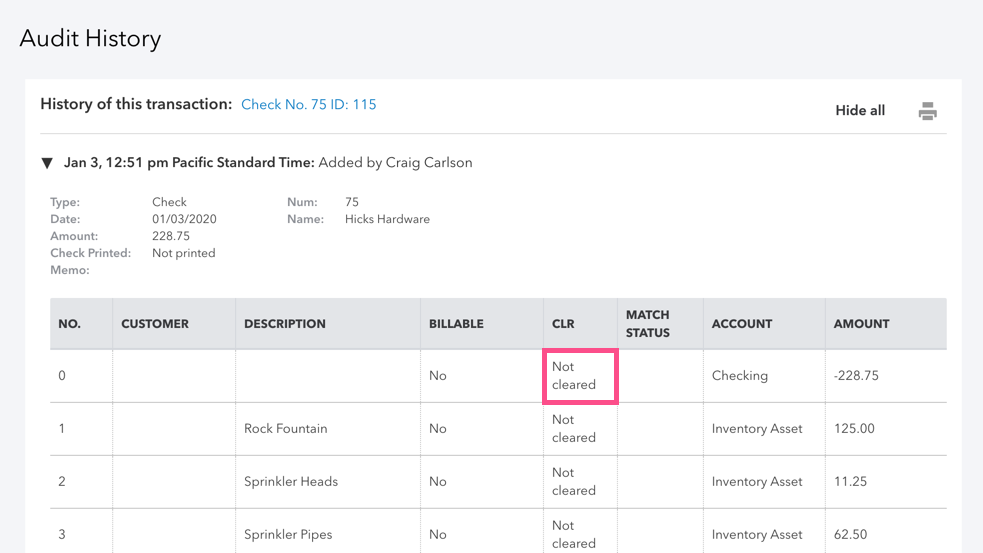 Screenshot of the Audit History in QBO