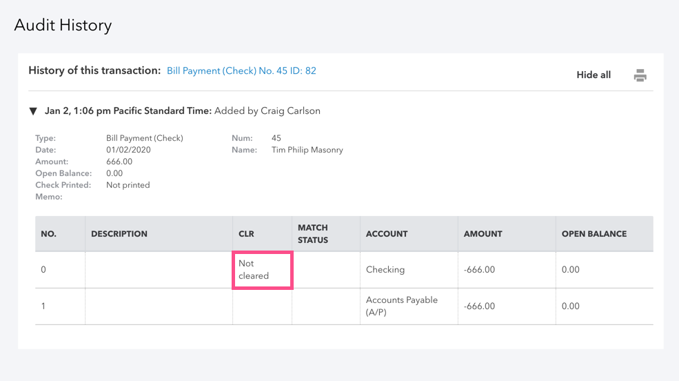 screenshot of an audit history in QBO