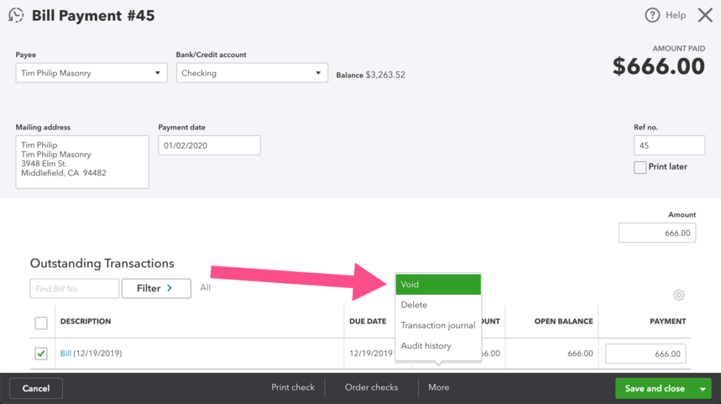 screenshot of voiding a bill payment in QBO