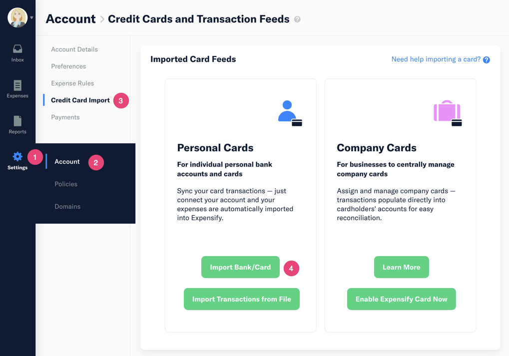 screenshot of Credit card import screen in expensify