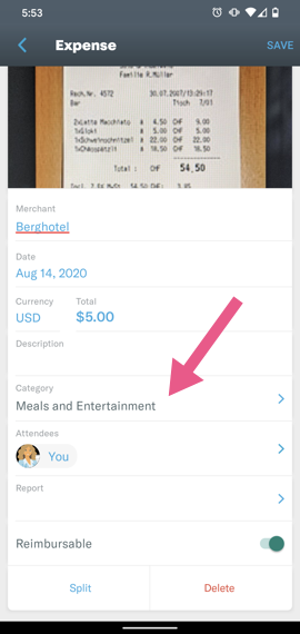 screenshot of the receipt details screen in the Expensify Mobile App