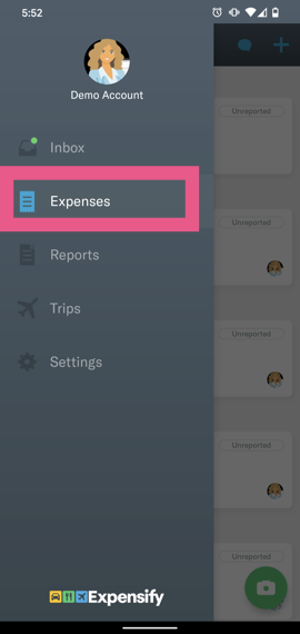 Screenshot of the Expensify mobile app menu